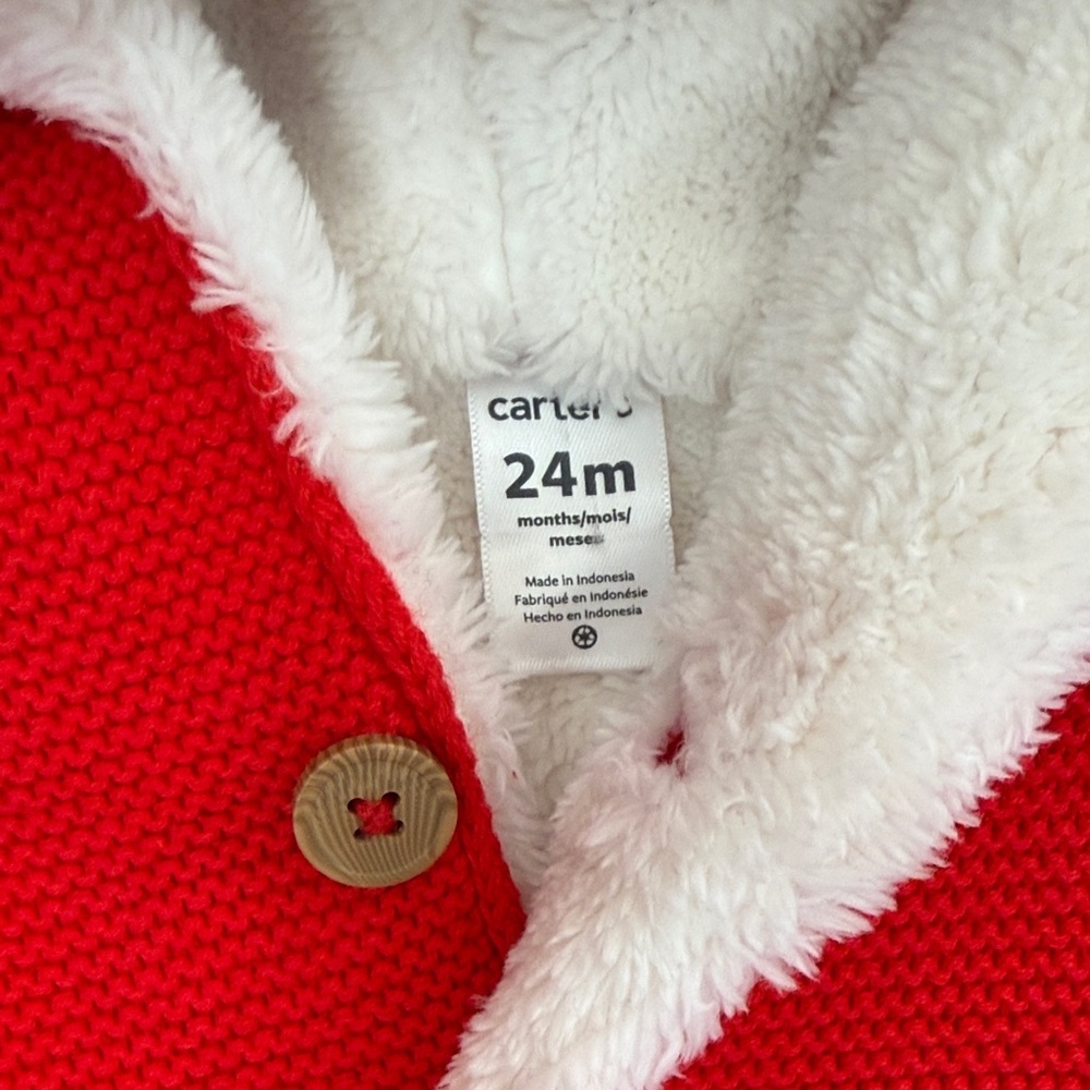 Carters Red Knit Button Coat Baby Sherpa Hooded Size 12M - Picture 5 of 7